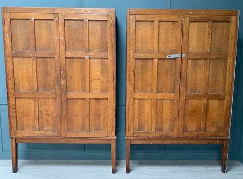 Pair Oak School Cupboards On Open Bases