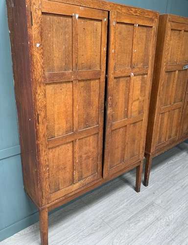 Pair Oak School Cupboards On Open Bases