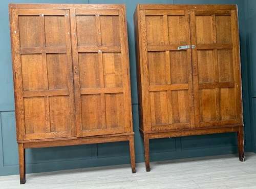 Pair Oak School Cupboards On Open Bases