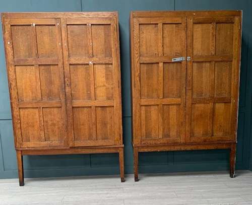 Pair Oak School Cupboards On Open Bases