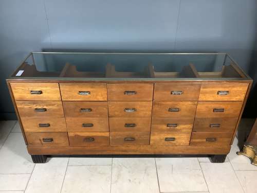 20 Drawer Oak Shop Haberdashery Counter Cabinet 1930s