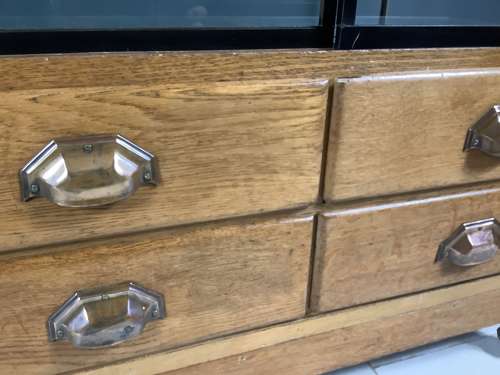 Victorian Oak & Brass Frame Shop Haberdashery Display Counter Cabinet