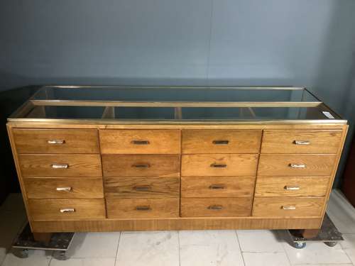 16 Drawer Oak & Brass Frame Shop Haberdashery Display Counter Cabinet