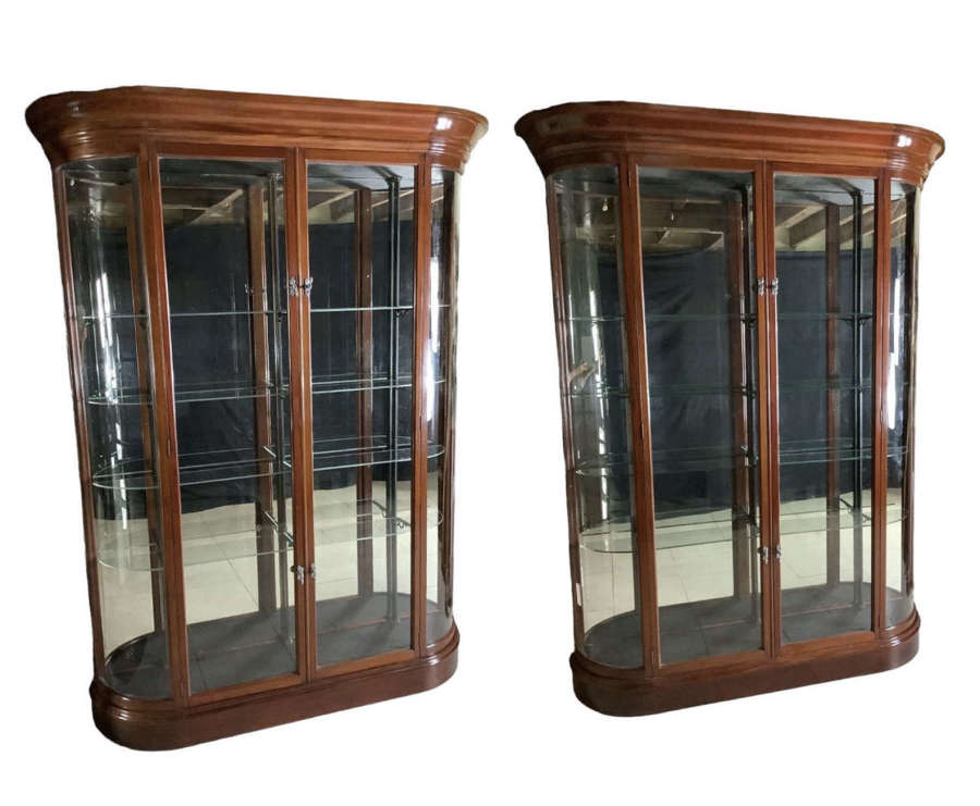 Pair Large Victorian Solid Mahogany Bow Ended Shop Display Cabinets