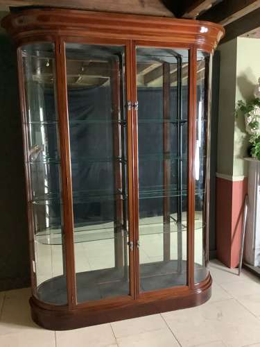 Pair Large Victorian Solid Mahogany Bow Ended Shop Display Cabinets