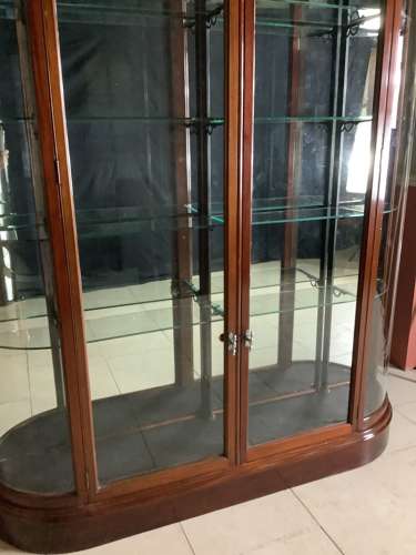 Pair Large Victorian Solid Mahogany Bow Ended Shop Display Cabinets