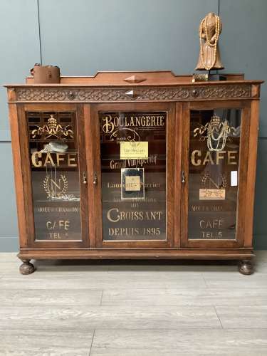 C1930 Vintage Shop Oak 3 Door Glass Display Cabinet