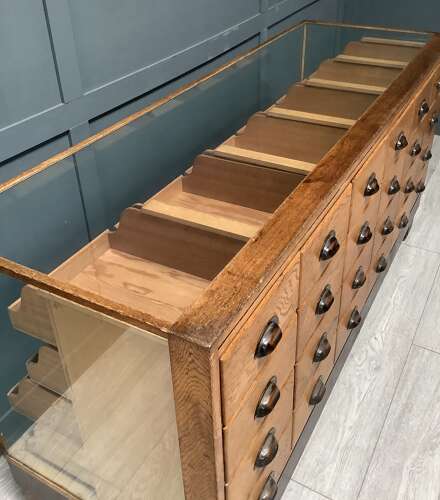 1930s Oak & Mahogany 24 Drawer Haberdashery Display Counter