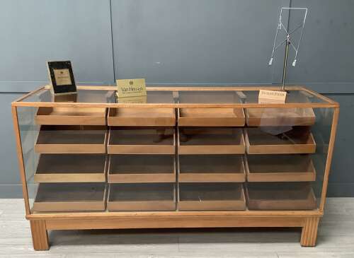 16 Drawer 1950s Oak & Beech Shop Display Haberdashery Counter