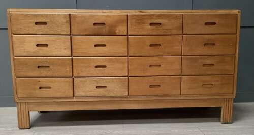 16 Drawer 1950s Oak & Beech Shop Display Haberdashery Counter
