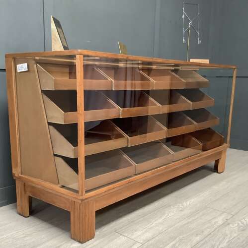 16 Drawer 1950s Oak & Beech Shop Display Haberdashery Counter