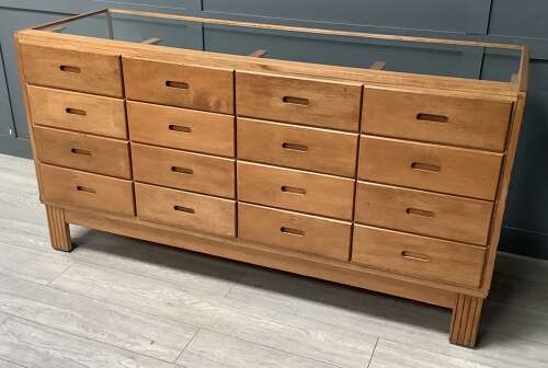 16 Drawer 1950s Oak & Beech Shop Display Haberdashery Counter