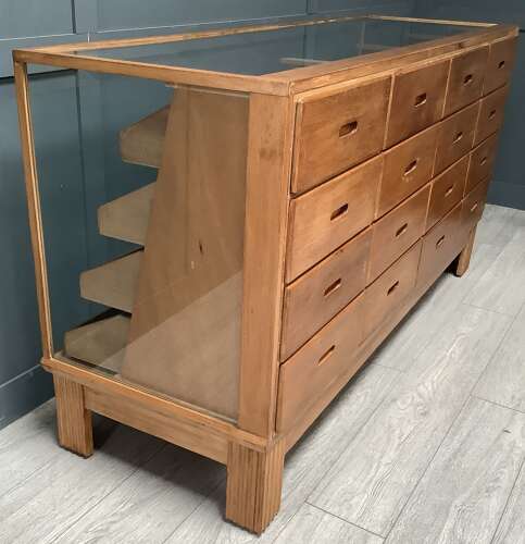 16 Drawer 1950s Oak & Beech Shop Display Haberdashery Counter