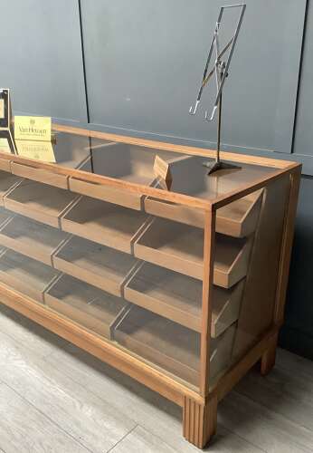 16 Drawer 1950s Oak & Beech Shop Display Haberdashery Counter