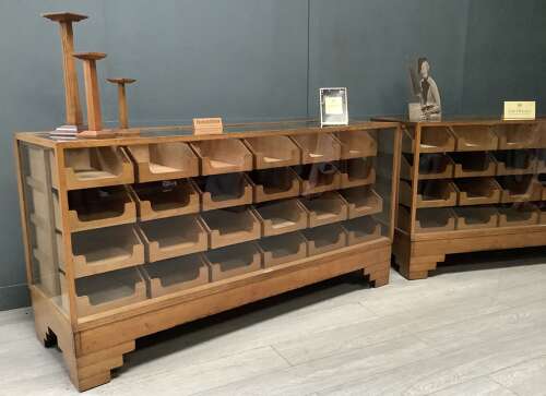 Pair 1920s Dudley Oak Shop Haberdashery Display Counters