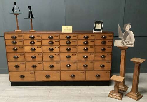 1950s 34 Drawer Shop Haberdashery Display Cabinet Mahogany, Beech & Glass
