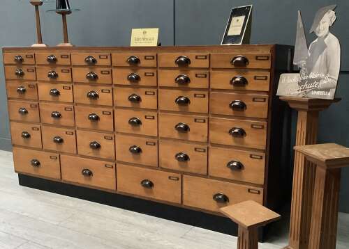1950s 34 Drawer Shop Haberdashery Display Cabinet Mahogany, Beech & Glass
