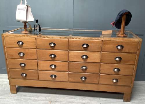 Vintage Oak 16 Drawer Shop Display Counter Cabinet