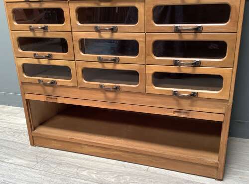 1950s Oak Tall Haberdashery Drawer Display Cabinet