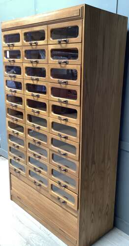 1950s Oak Tall Haberdashery Drawer Display Cabinet