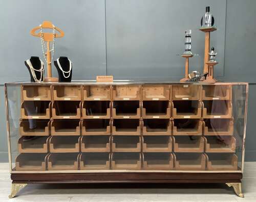 35 Drawer Mahogany & Brass Frame Haberdashery Shop Display Counter
