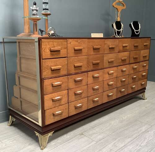 35 Drawer Mahogany & Brass Frame Haberdashery Shop Display Counter